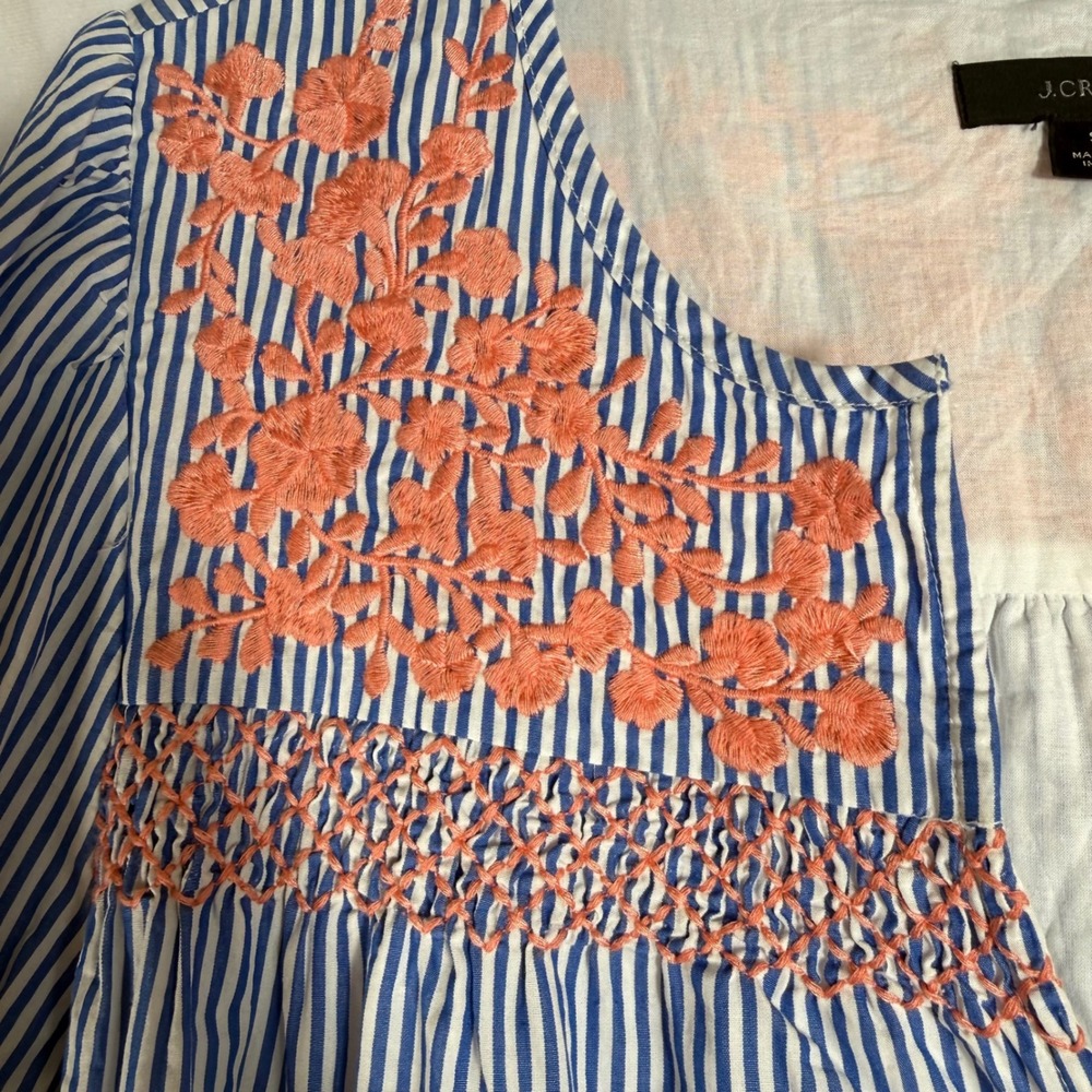 J.Crew Leda Blue White Striped Embroidered Ruffle Hem Tunic Dress  Women's Small - Picture 10 of 13